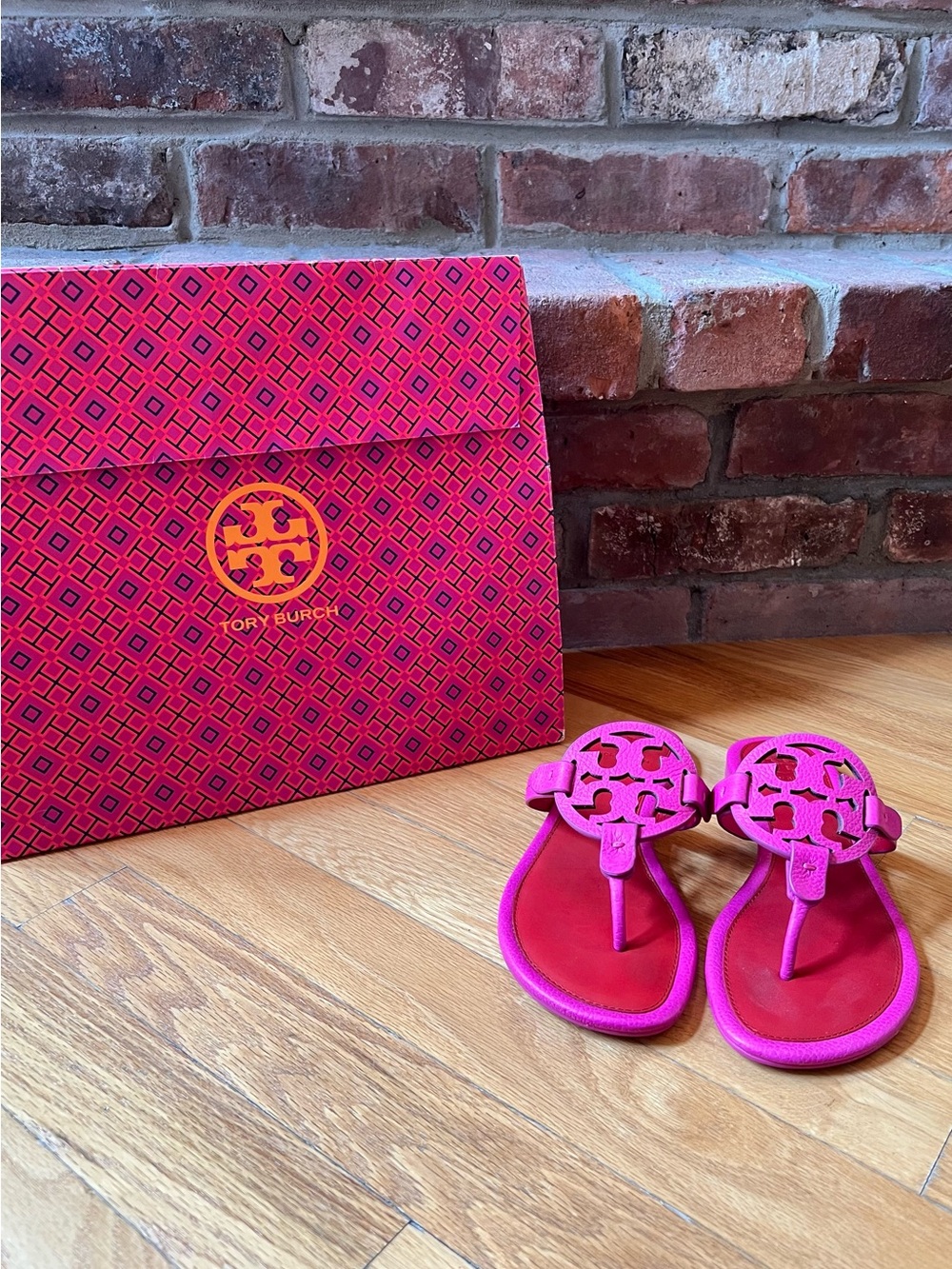 Tory Burch Red & Pink Leather Two-Toned Miller Sandals